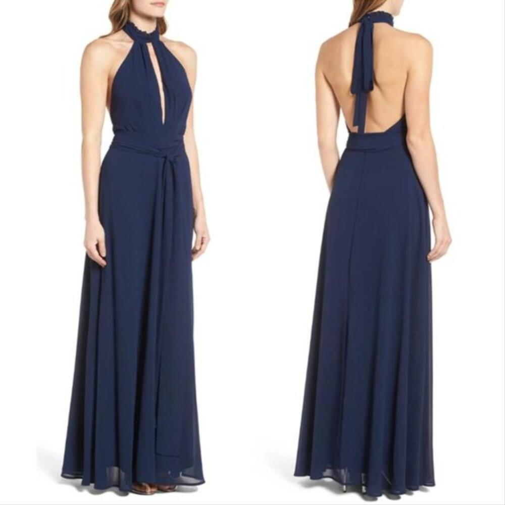 Lulu's Blue Keyhole Neck Ruffled Halter Tie Open Back Maxi Gown Dress Size XS